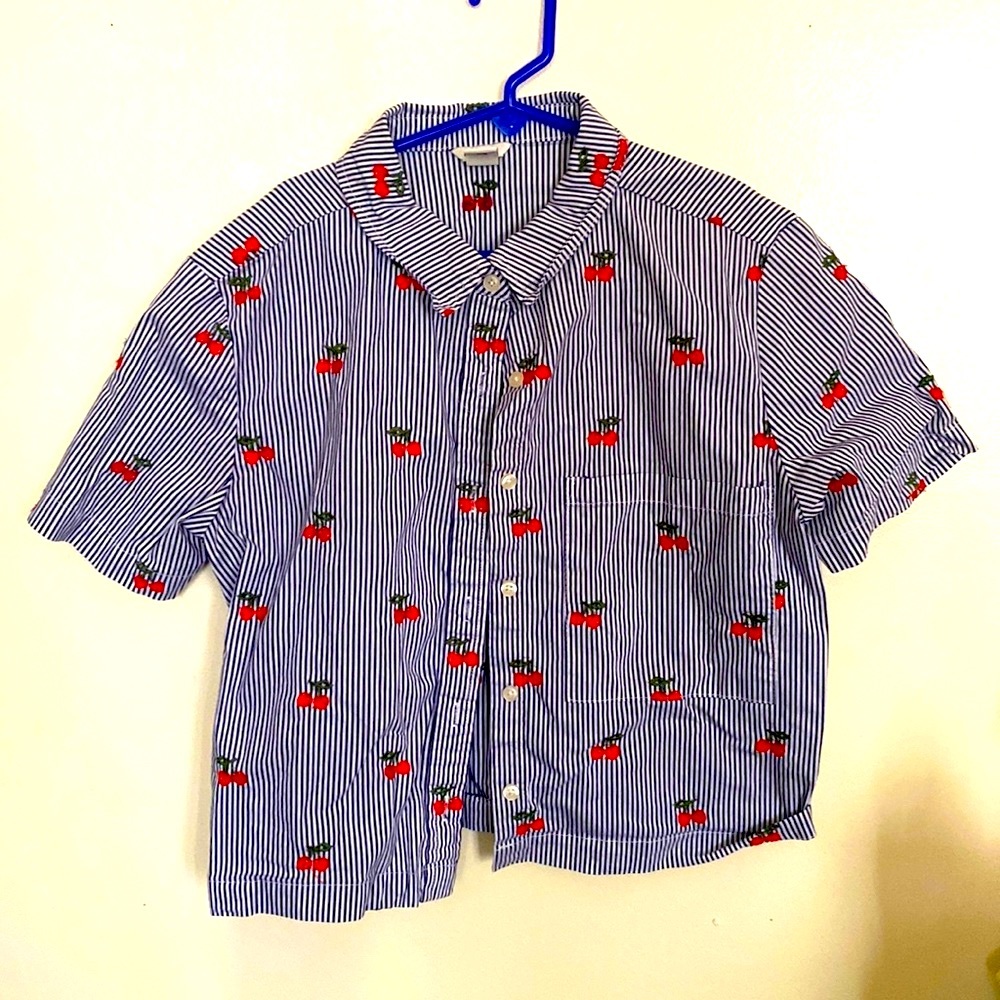 Cherry Striped Button Cropped shirt